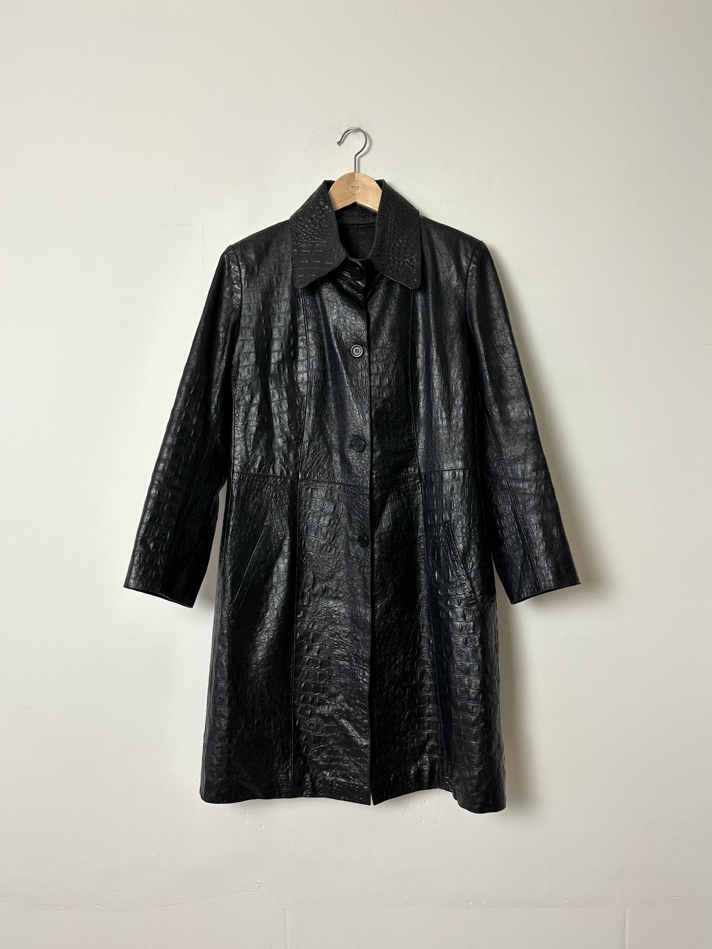 Croc-embossed leather coat | Black