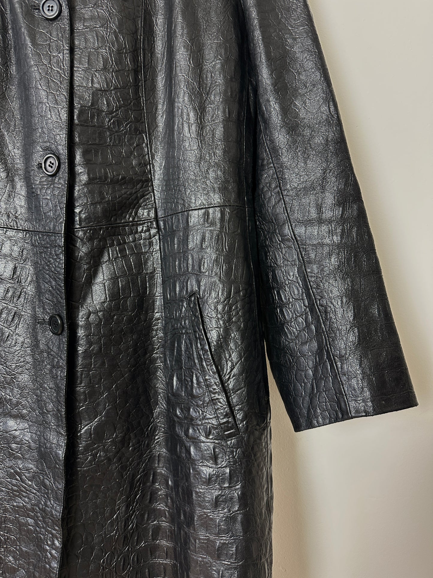 Croc-embossed leather coat | Black