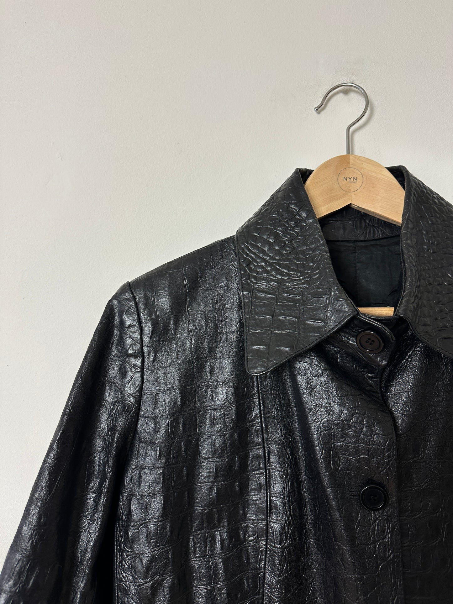 Croc-embossed leather coat | Black