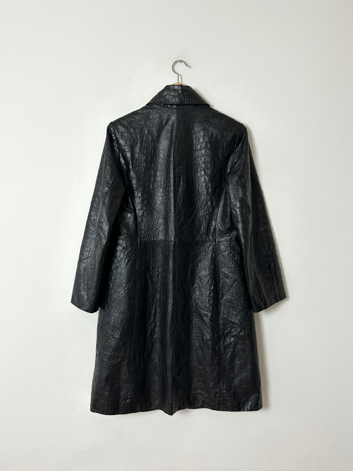 Croc-embossed leather coat | Black