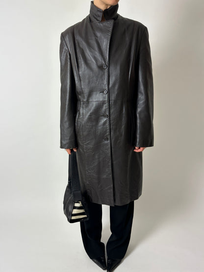 Long leather coat | Dark brown
