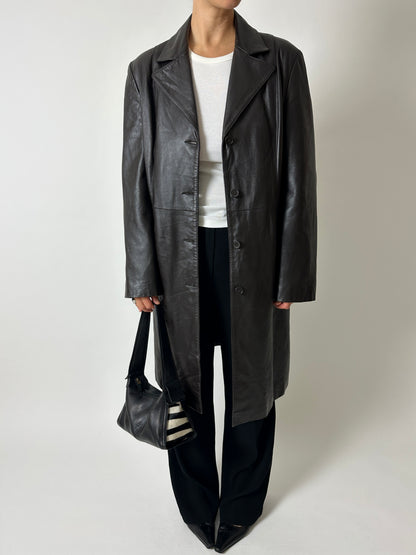 Long leather coat | Dark brown