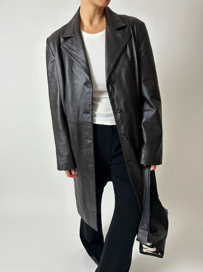 Long leather coat | Dark brown