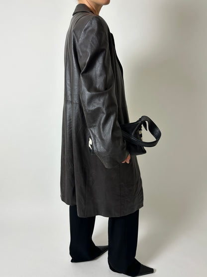 Long leather coat | Dark brown