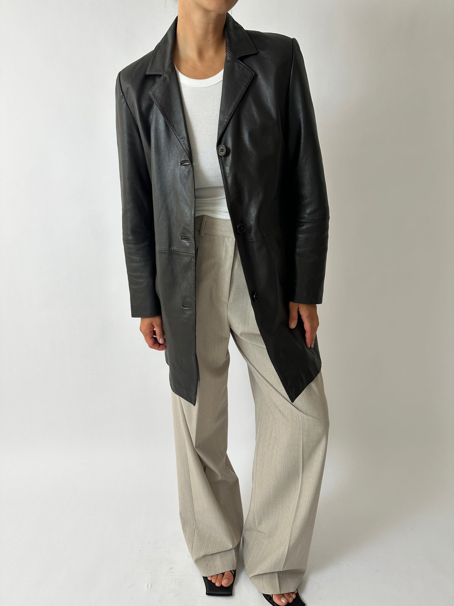 Long leather coat | Dark brown