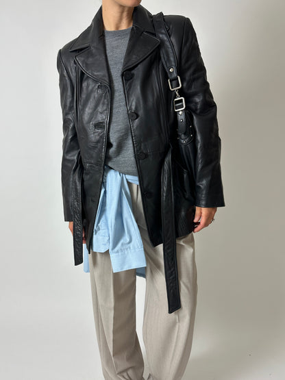 Belted leather jacket | Black
