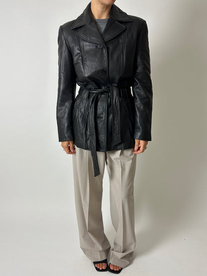 Belted leather jacket | Black