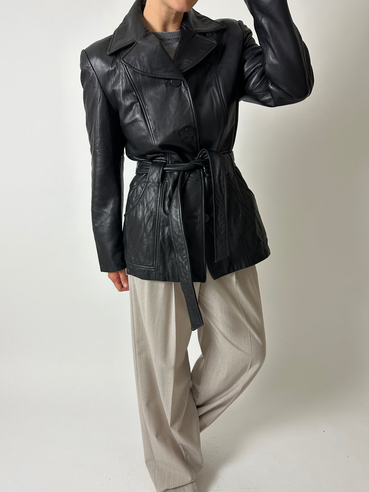 Belted leather jacket | Black