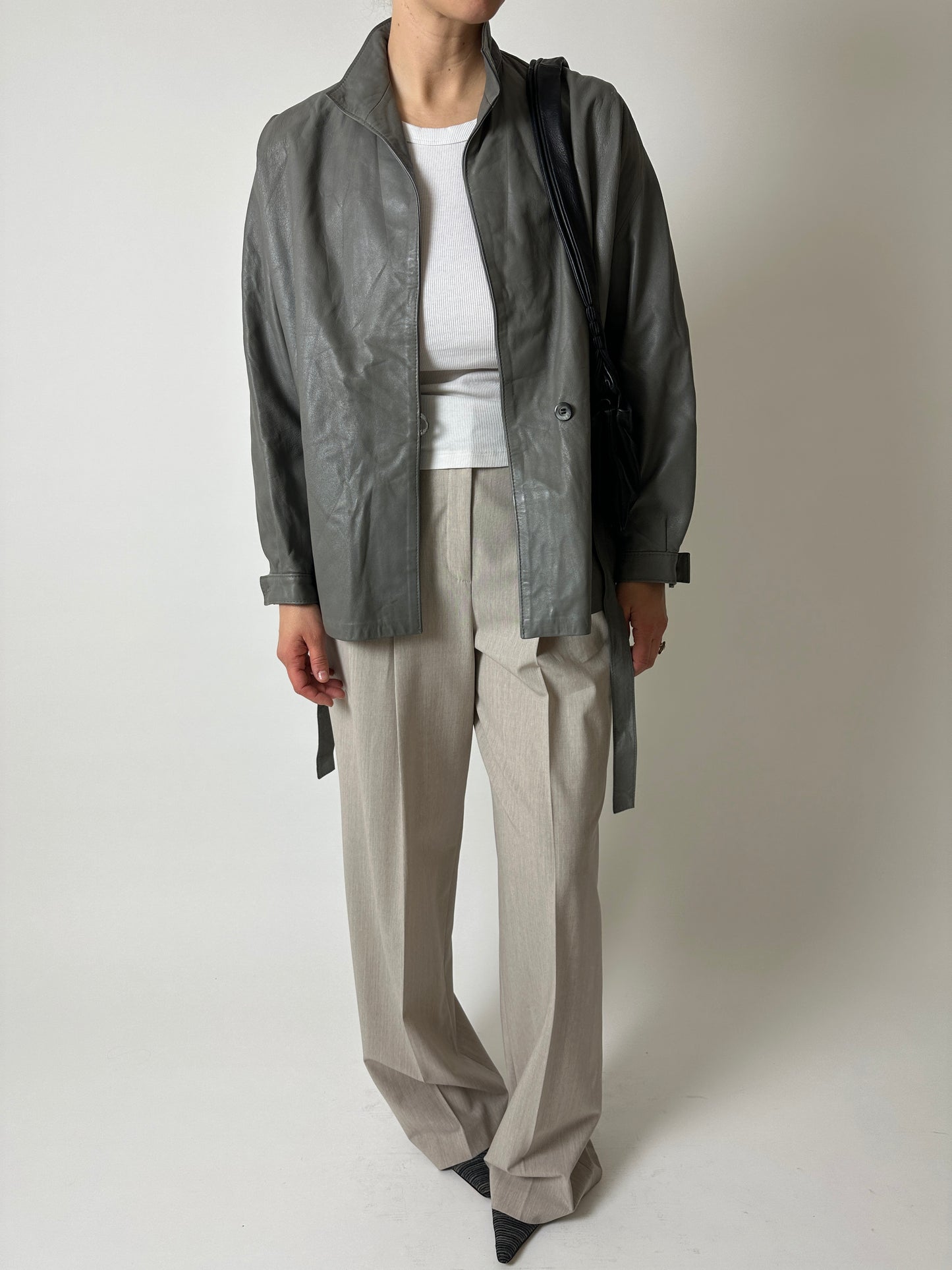 Leather belted jacket | Grey