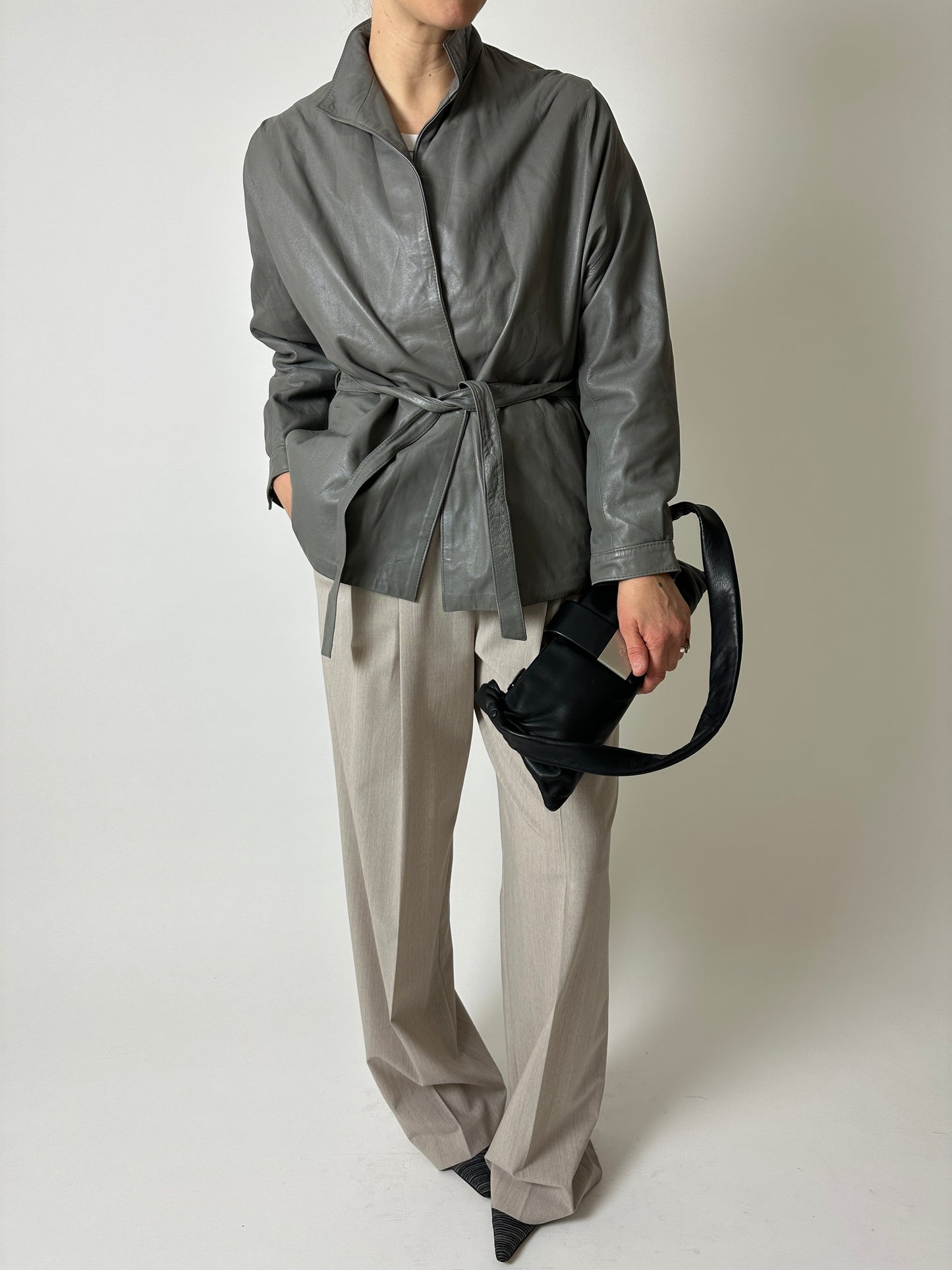 Leather belted jacket | Grey
