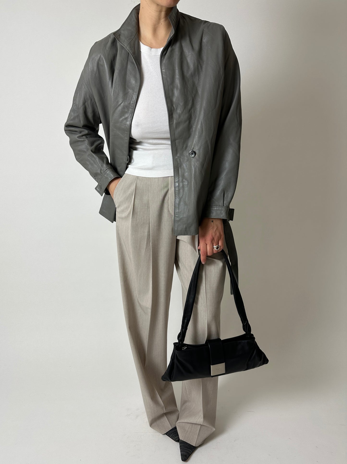 Leather belted jacket | Grey