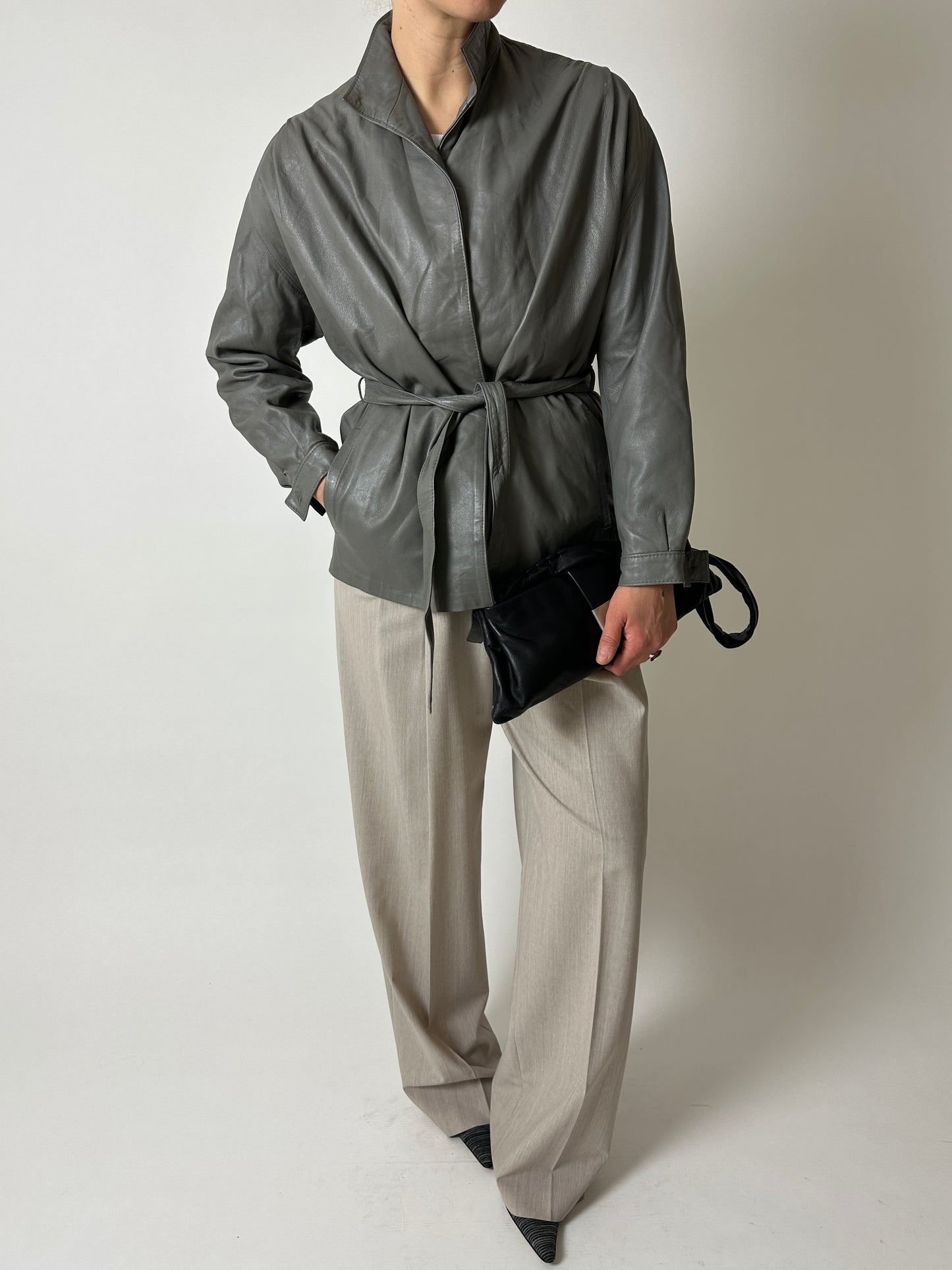 Leather belted jacket | Grey