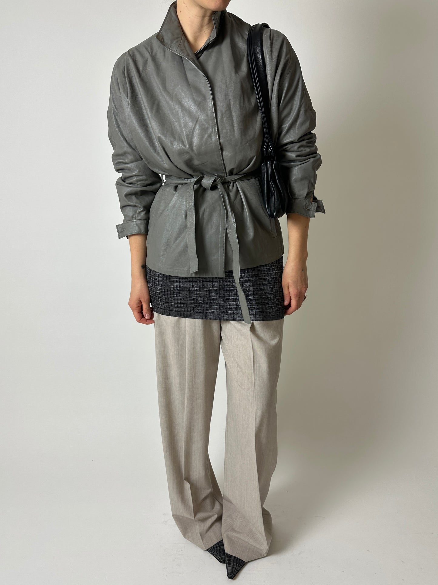 Leather belted jacket | Grey