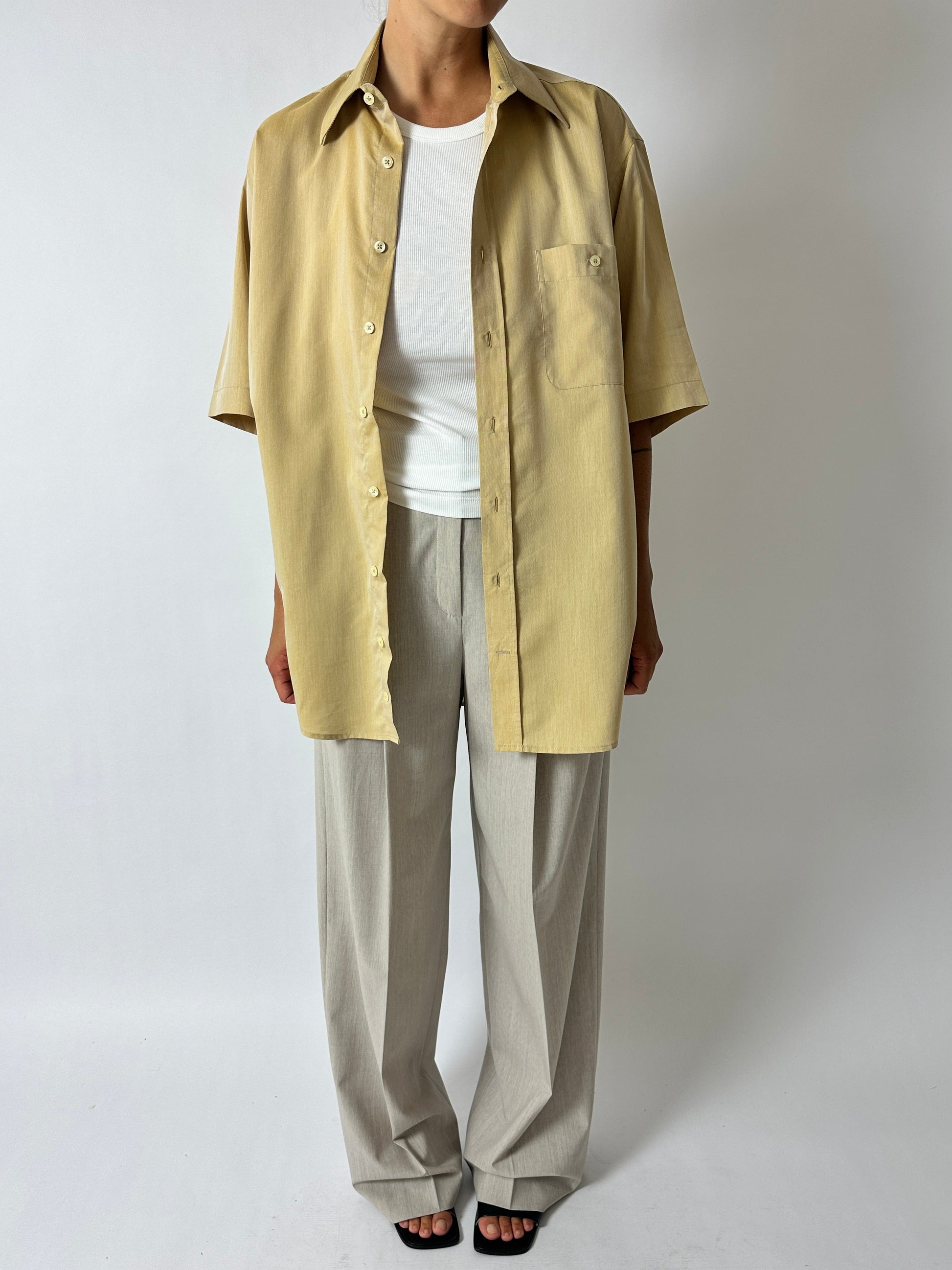 Person wearing a light green shirt over a white top with beige pants on a plain background