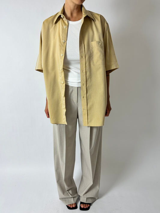 Person wearing a light green shirt over a white top with beige pants on a plain background