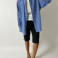 Vintage blue oversized shirt with black capri pants and pointy heeled mules
