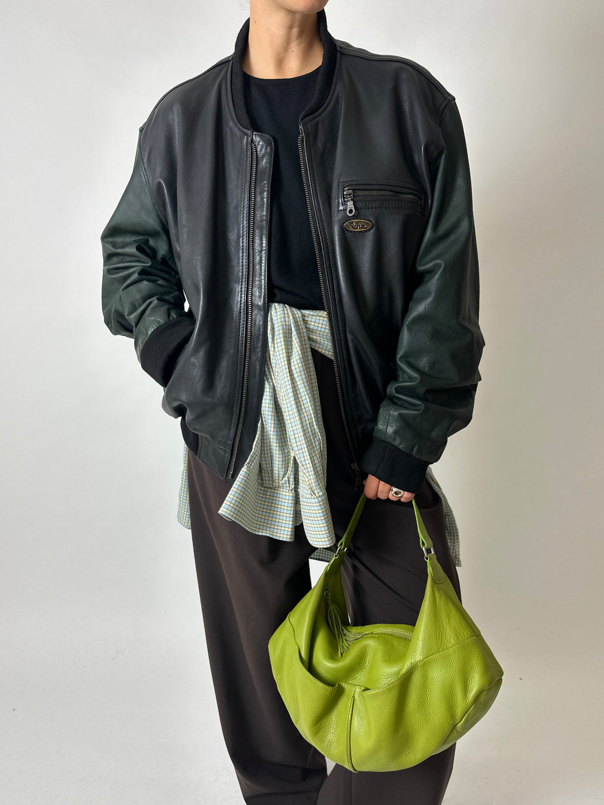 Leather bomber jacket | Black / Green