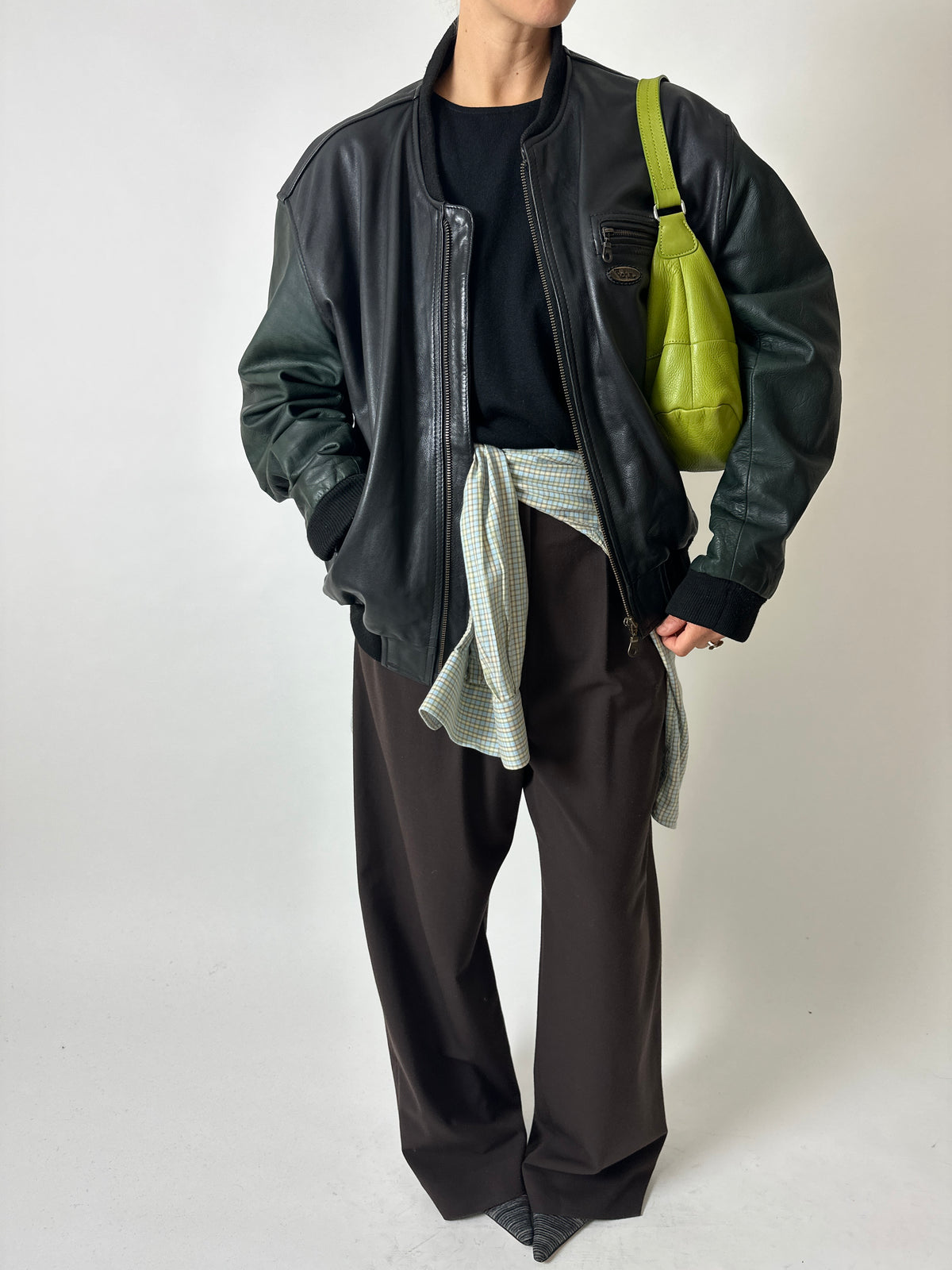 Leather bomber jacket | Black / Green