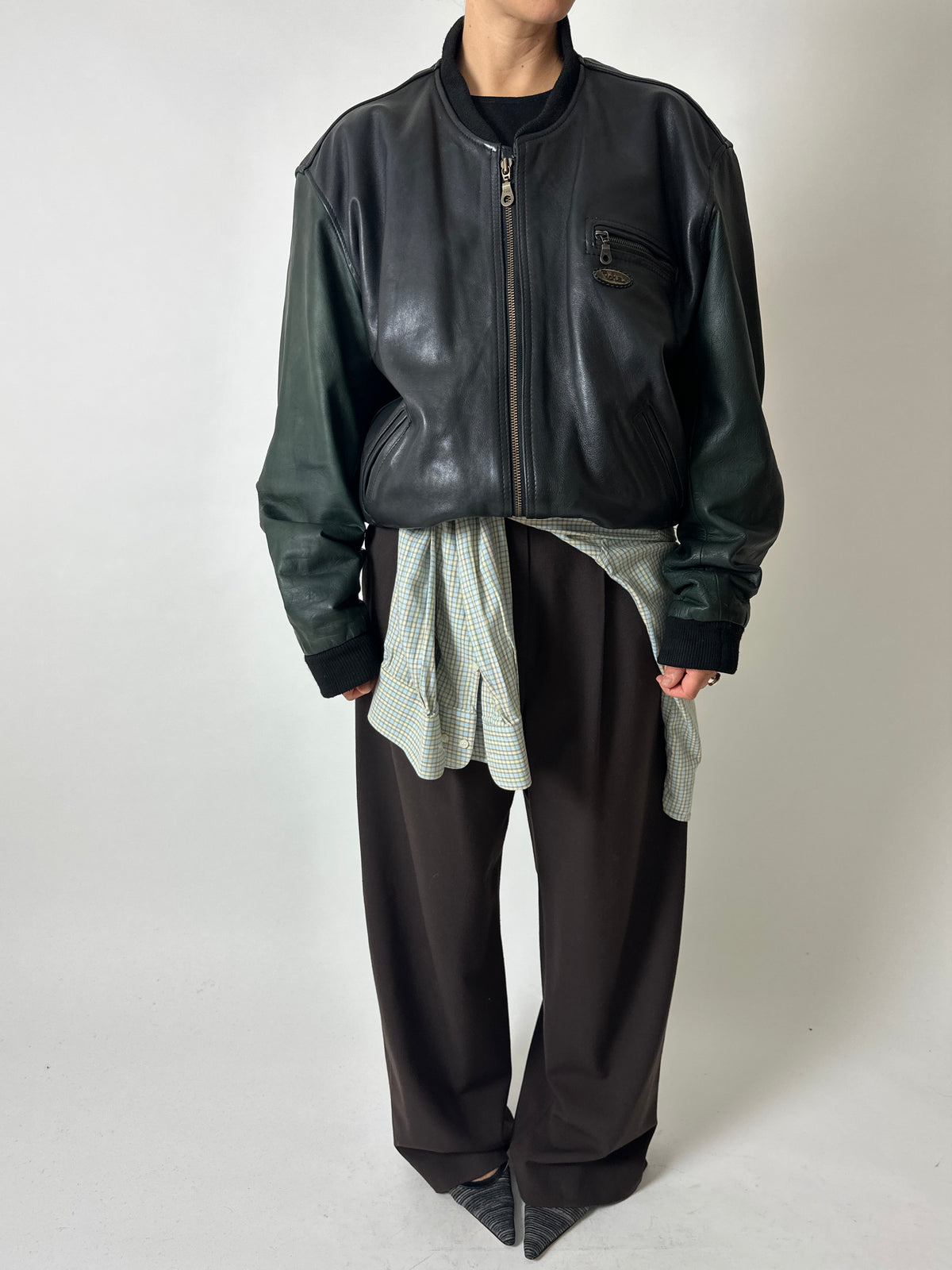 Leather bomber jacket | Black / Green