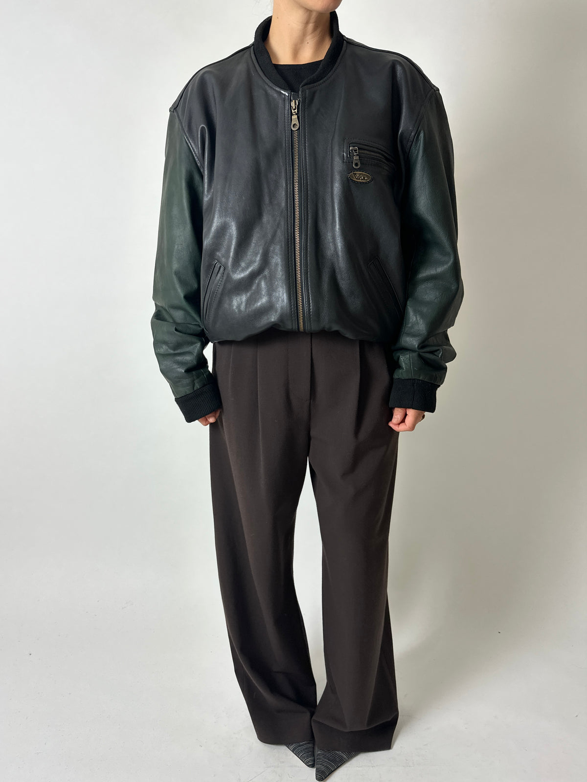 Leather bomber jacket | Black / Green