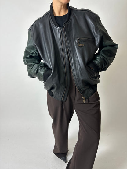 Leather bomber jacket | Black / Green