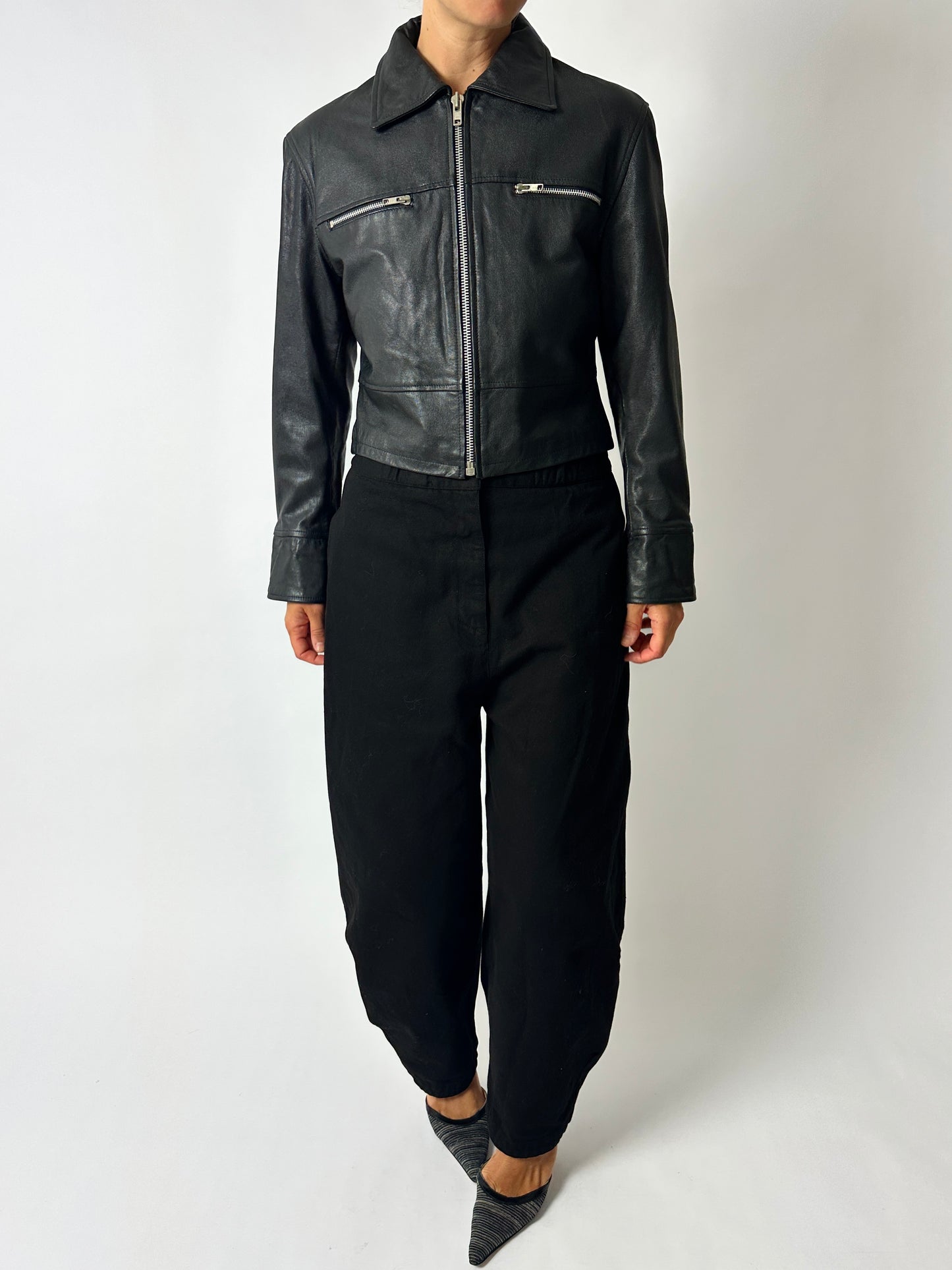 Leather zip cropped jacket | Black