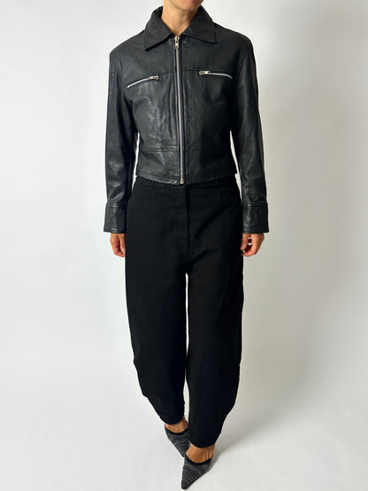 Leather zip cropped jacket | Black
