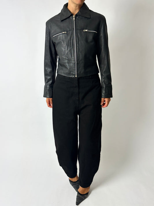 Leather zip cropped jacket | Black