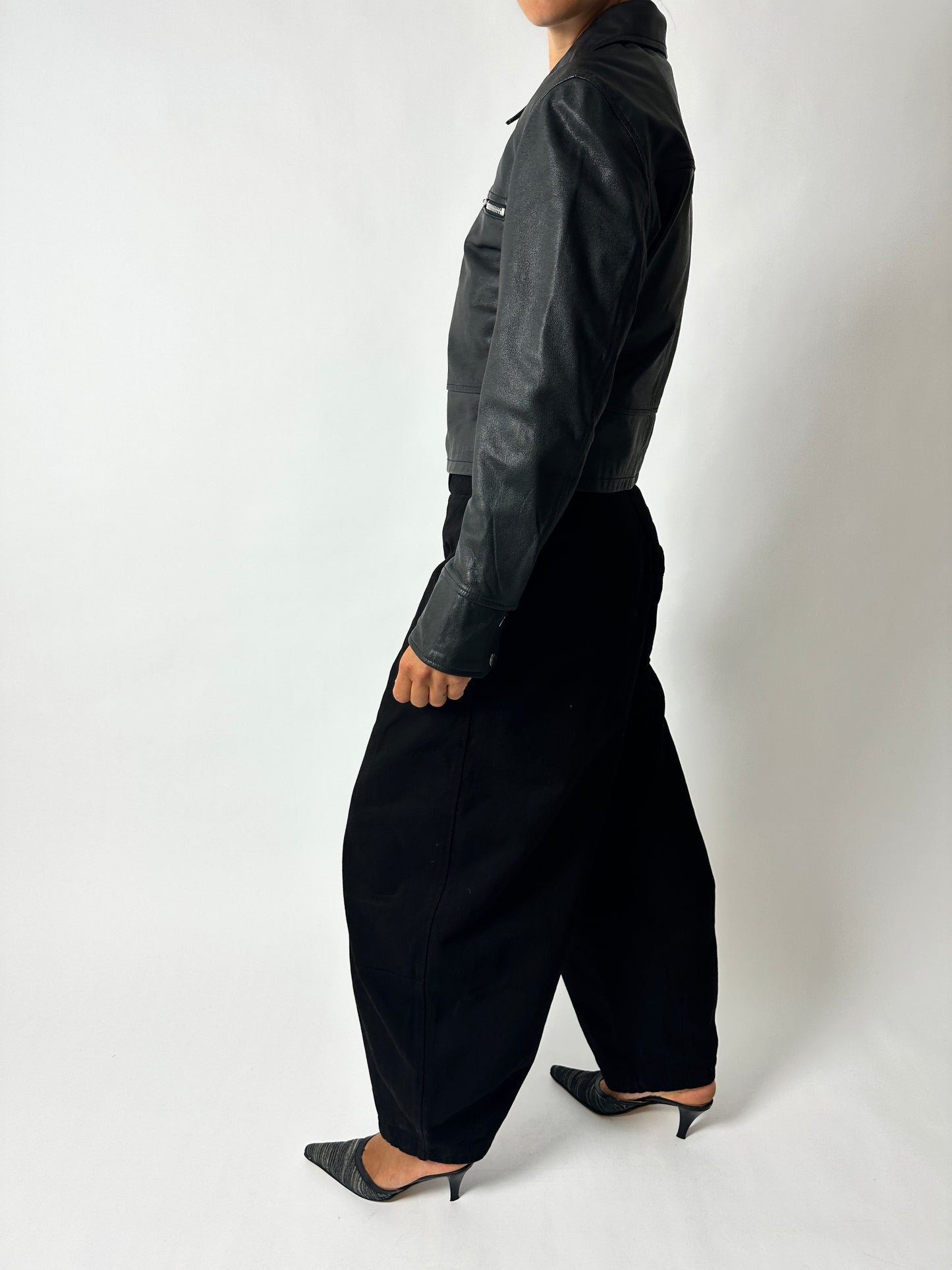 Leather zip cropped jacket | Black