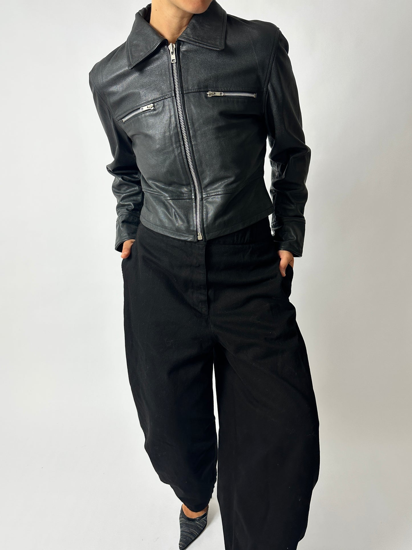 Leather zip cropped jacket | Black