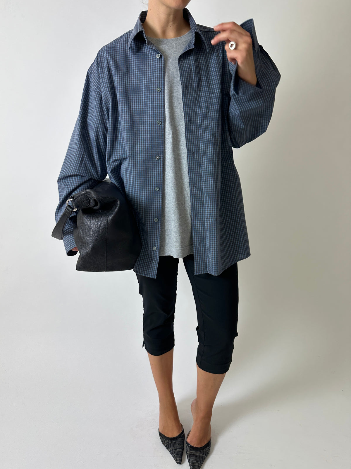 Cotton mini check shirt | Blue / Grey