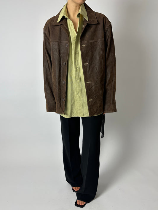 Leather minimal jacket | Dark brown