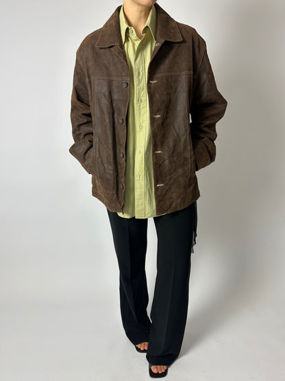 Leather minimal jacket | Dark brown