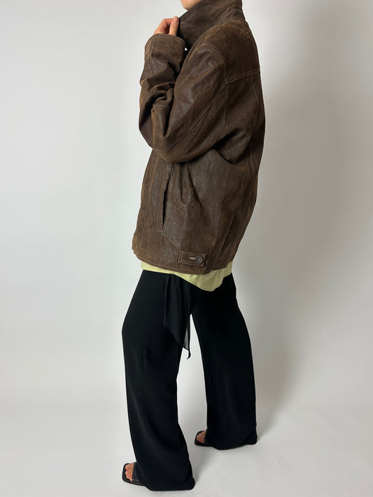 Leather minimal jacket | Dark brown