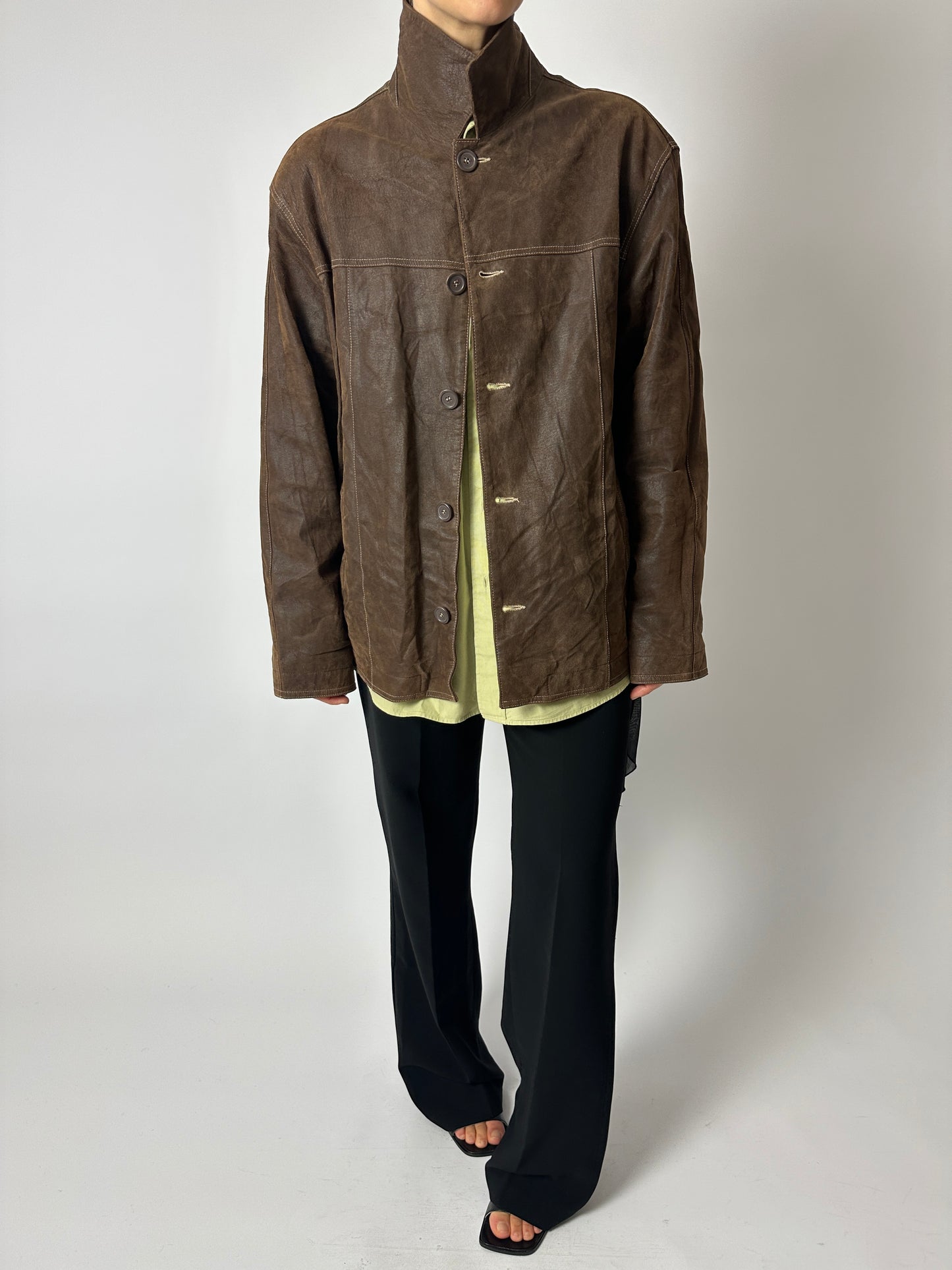 Leather minimal jacket | Dark brown