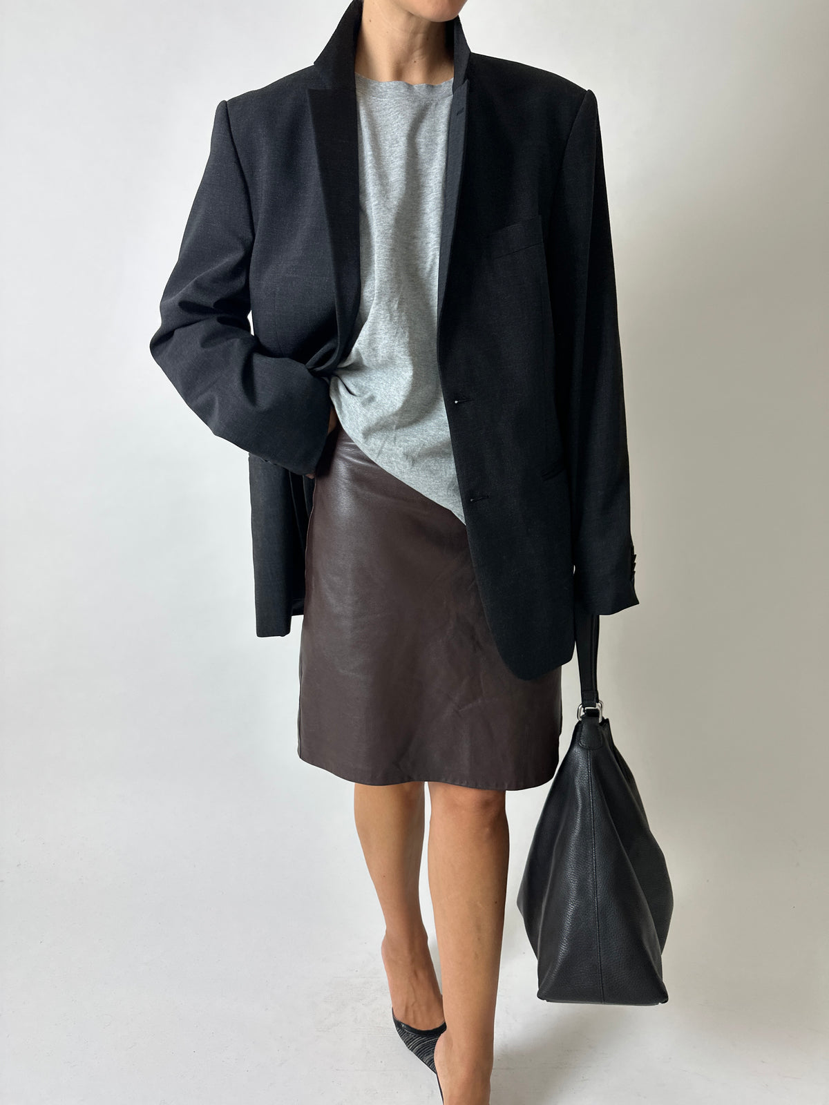 Leather midi skirt | Dark brown