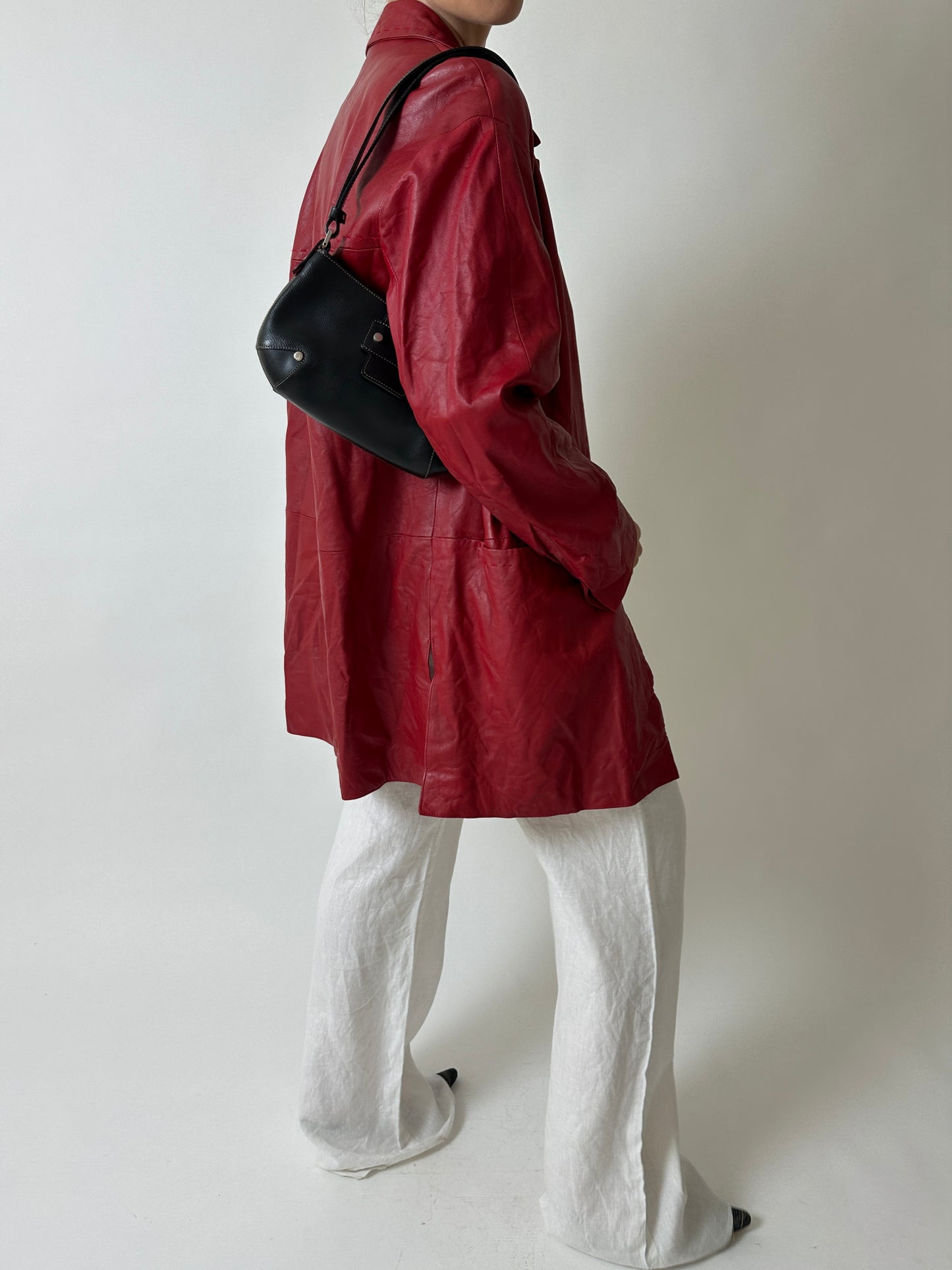 Long leather coat | Bright red