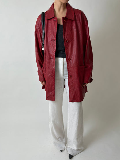 Long leather coat | Bright red