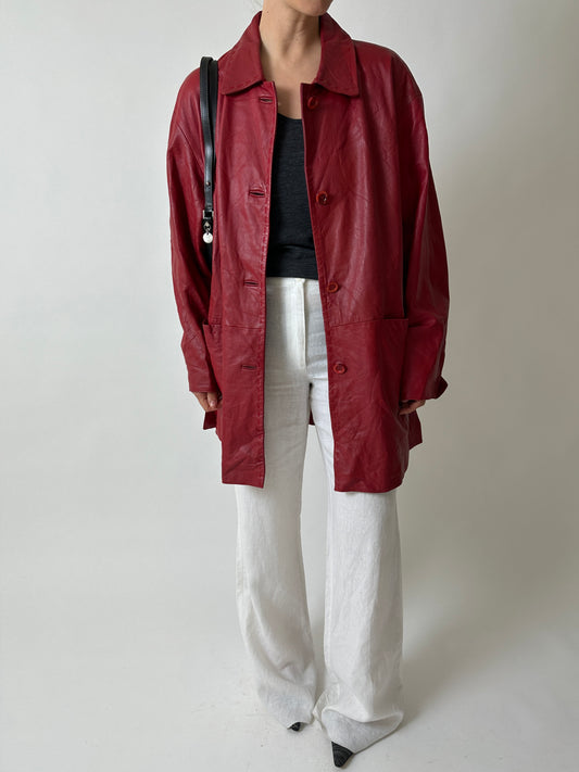Long leather coat | Bright red