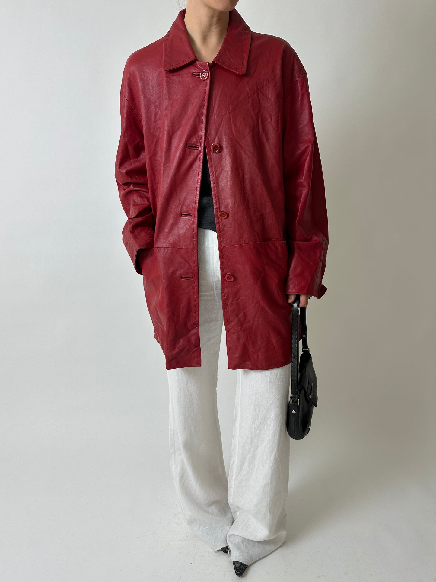 Long leather coat | Bright red