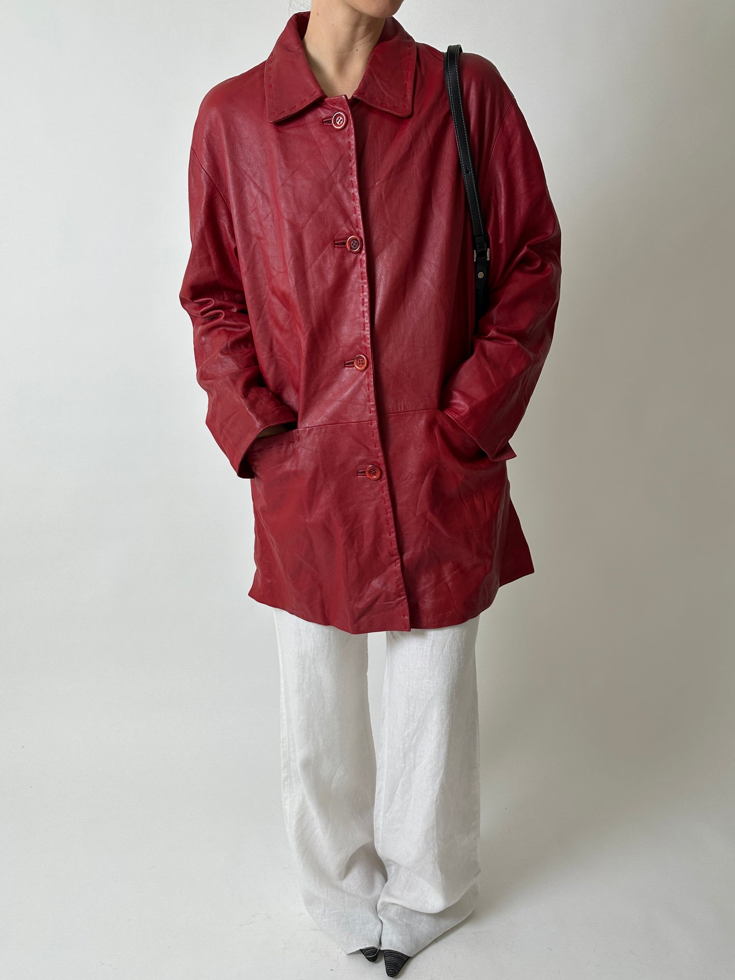 Long leather coat | Bright red