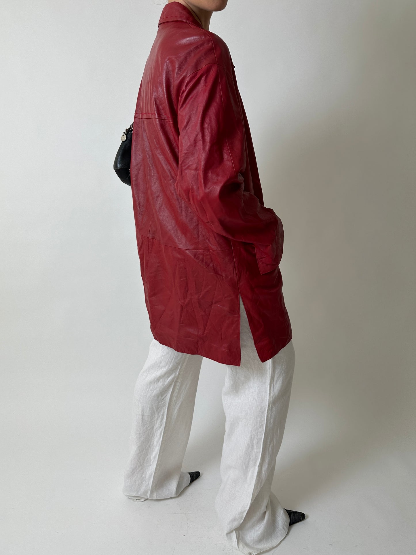 Long leather coat | Bright red