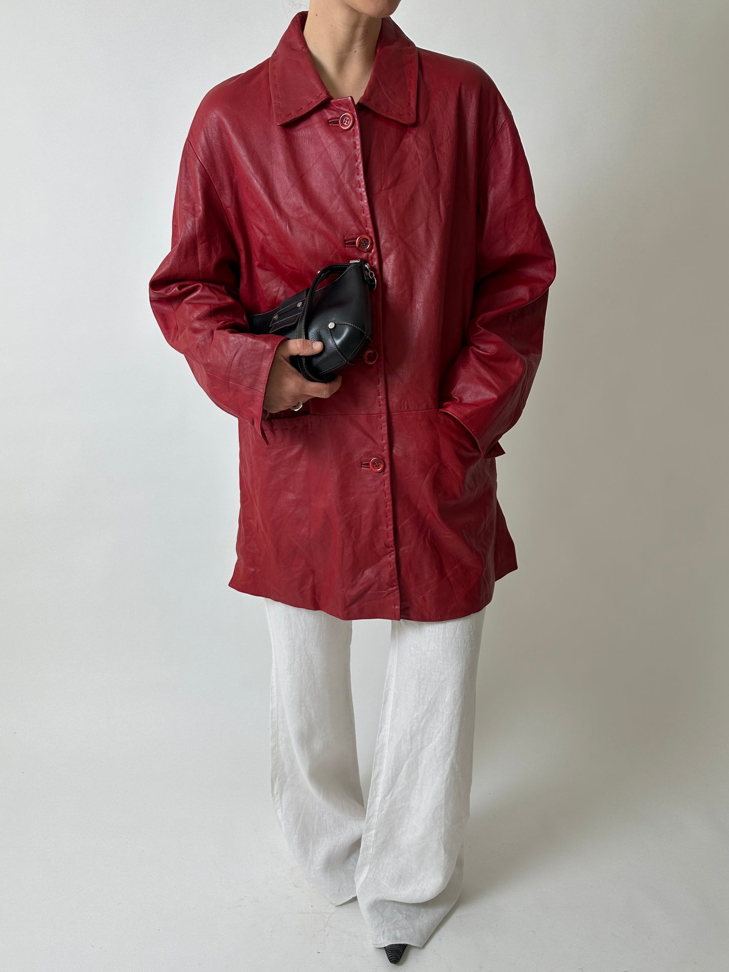 Long leather coat | Bright red