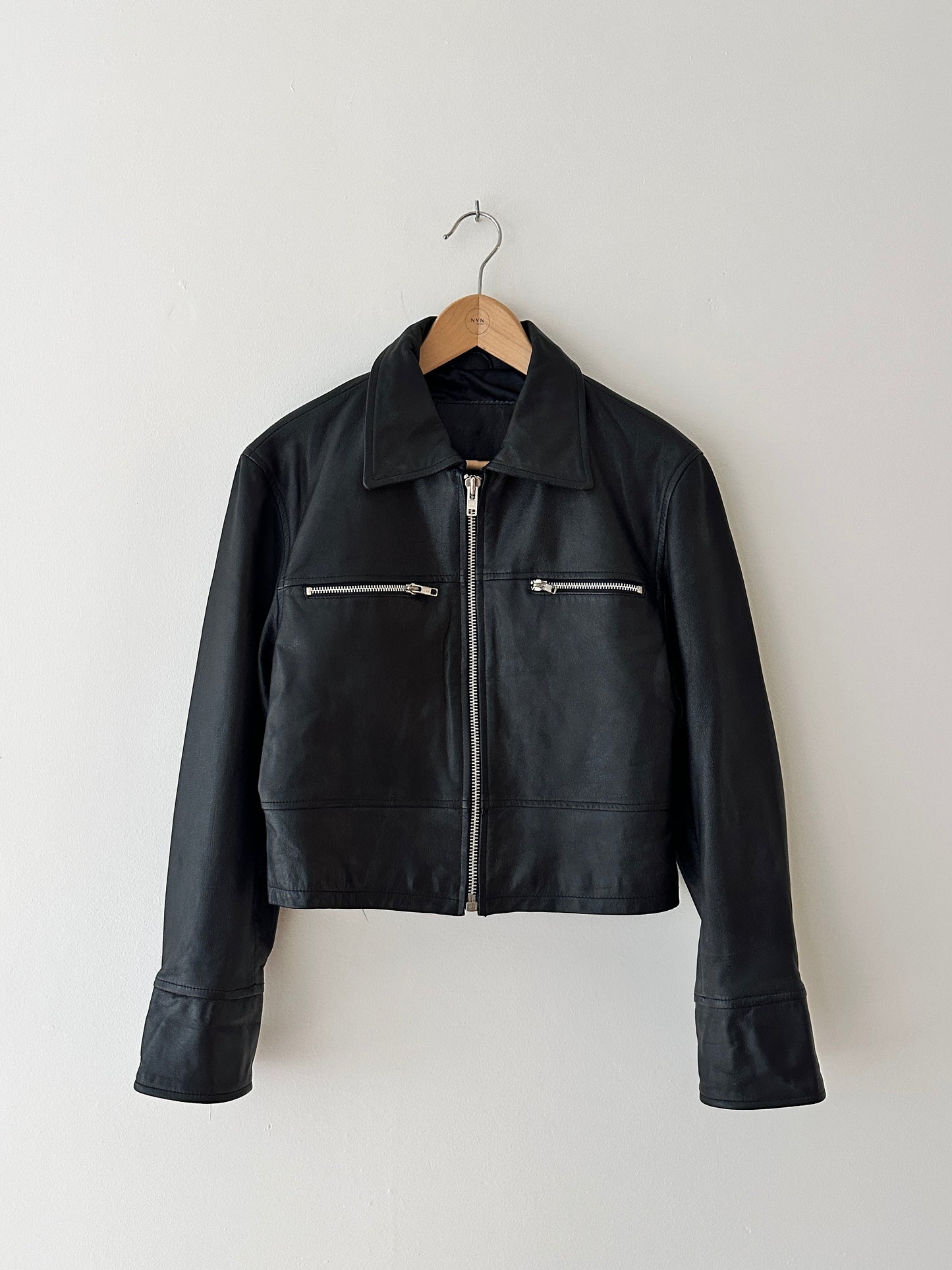 Leather zip cropped jacket | Black