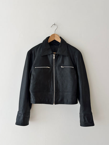 Leather zip cropped jacket | Black