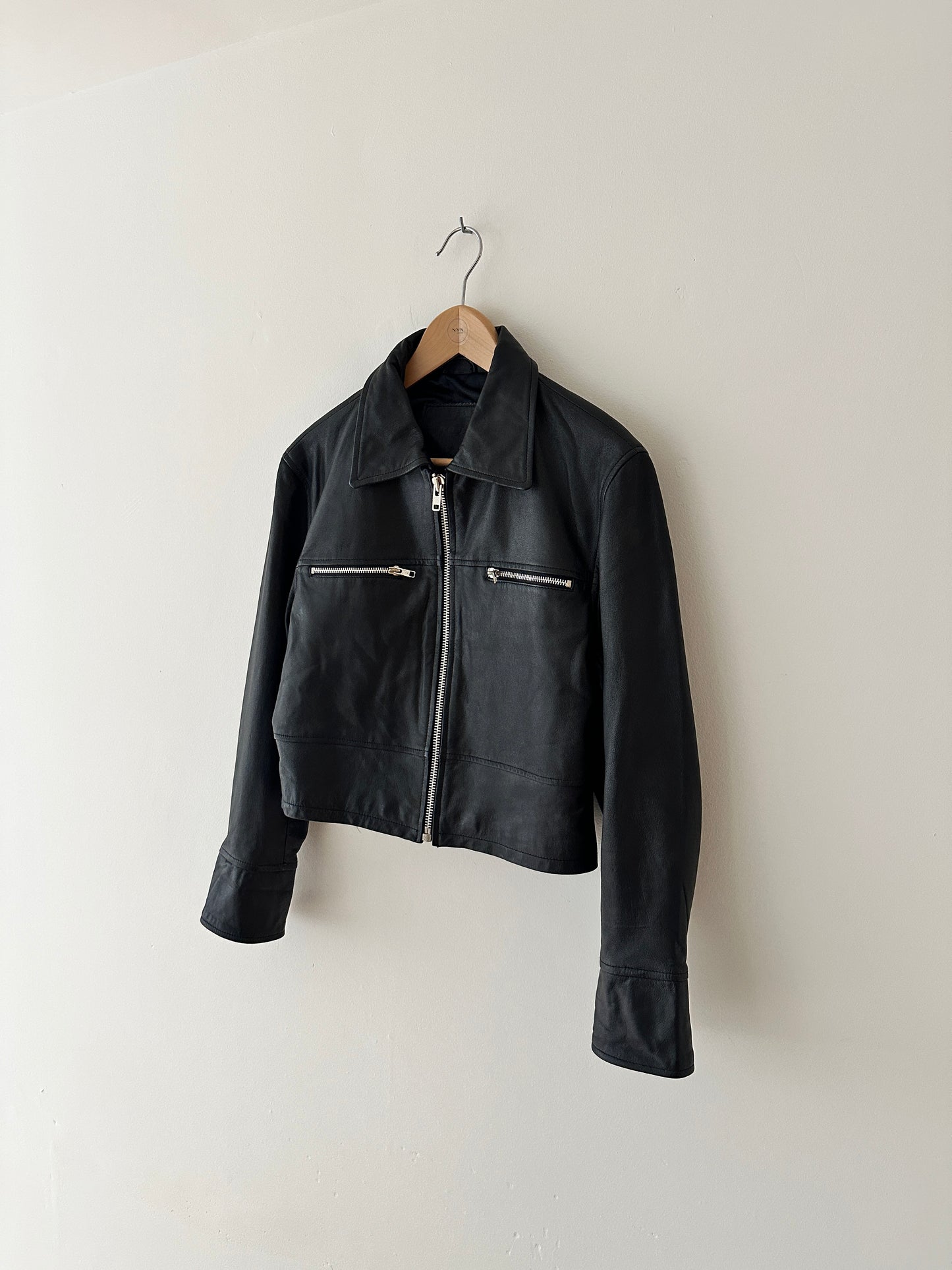 Leather zip cropped jacket | Black