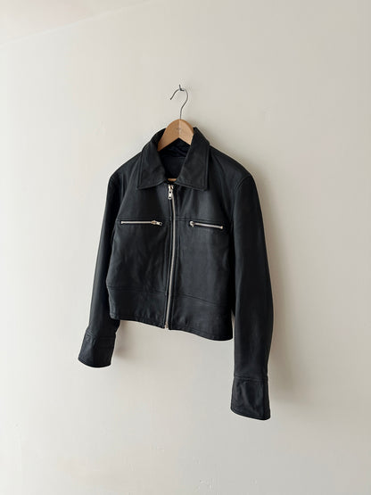 Leather zip cropped jacket | Black