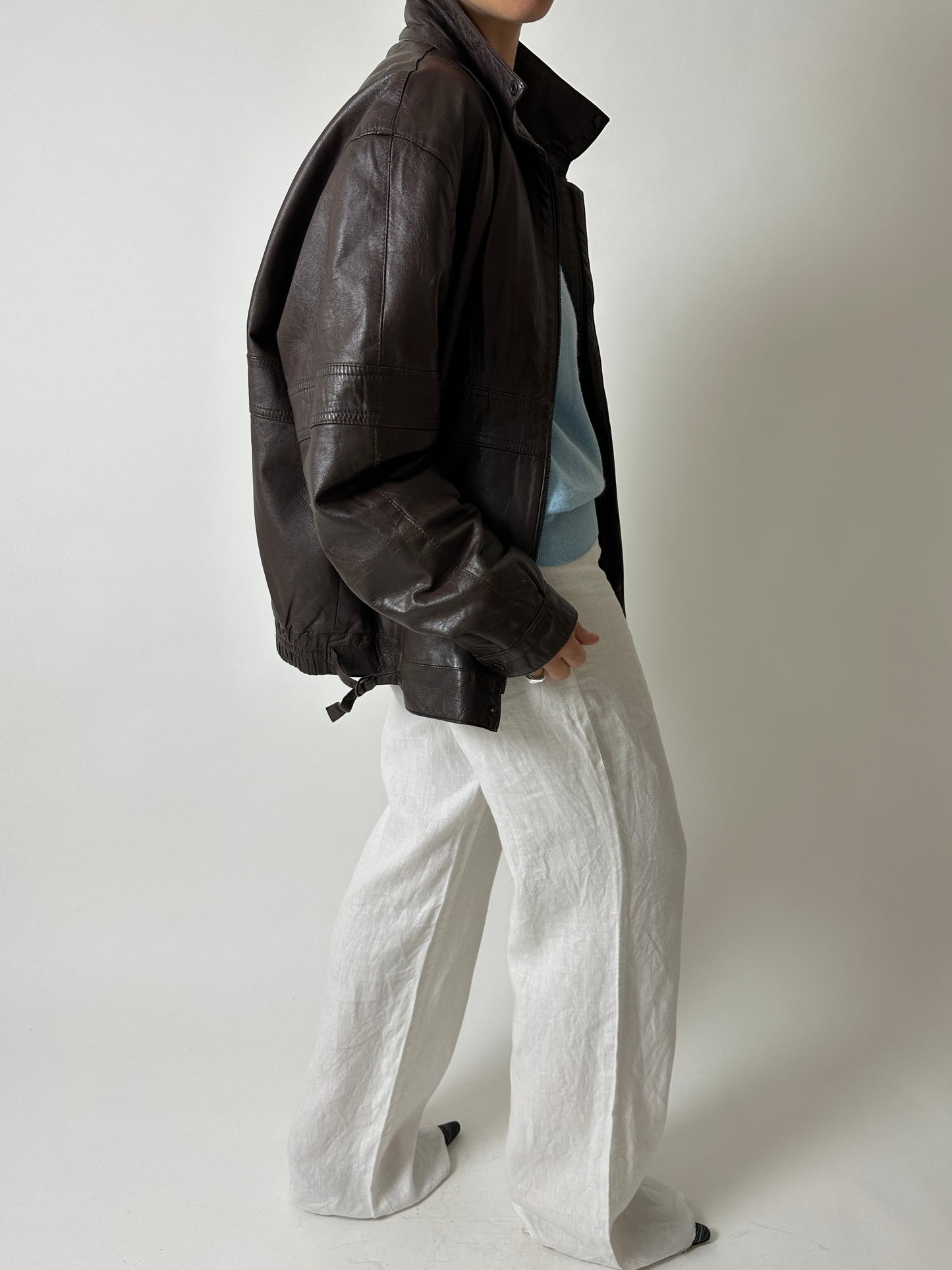 Leather bomber jacket | Dark brown
