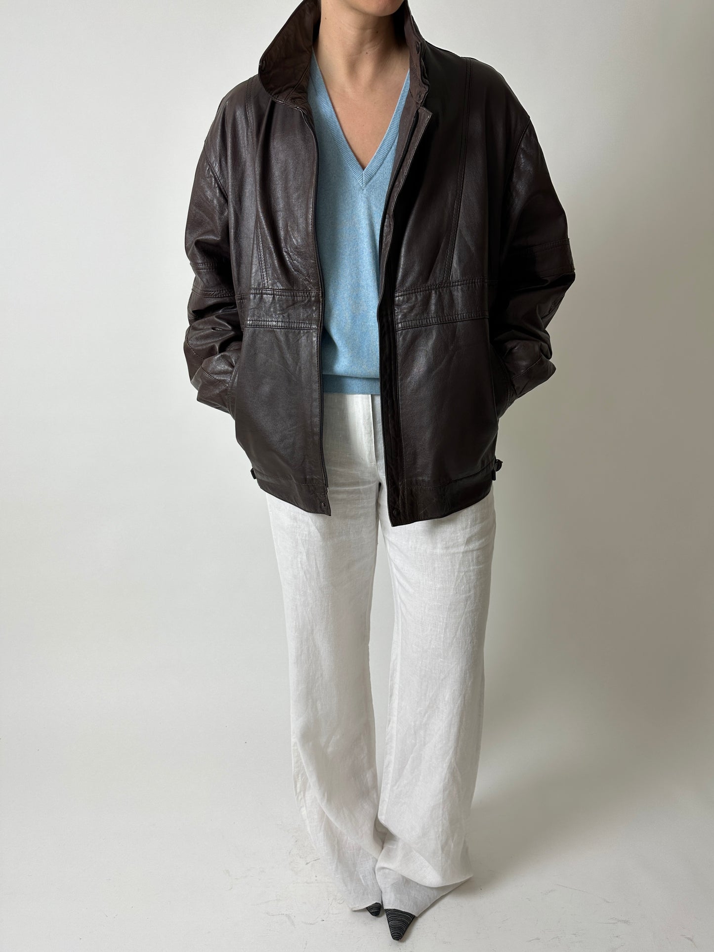 Leather bomber jacket | Dark brown