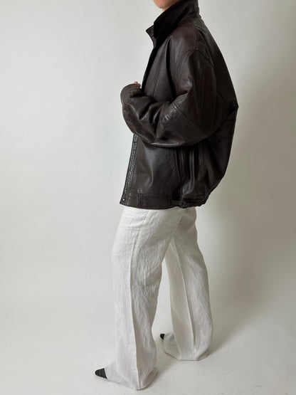 Leather bomber jacket | Dark brown